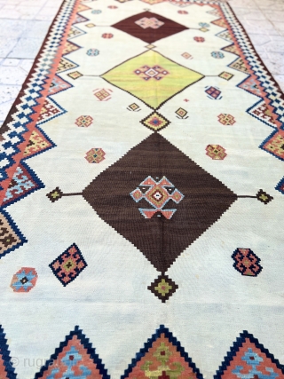 Amazing antique  Qashqai kilim circa 1880 all good natural dyes and good condition wool on wool with few repairs on the green central medallion visible from the photos  ,very fine  ...