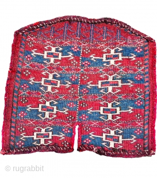 Second of the 19th.c Yumod Turkmen Saddle Cover,Nice strong natural colors and wonderful mid-blue Asymmetric textured open on left,42x43cm perfect condition            