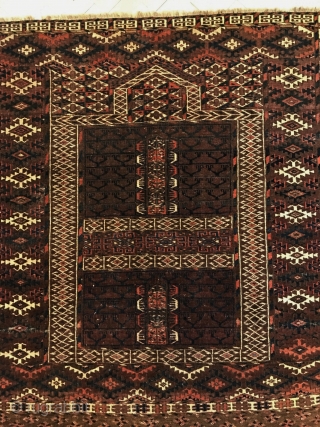 Lovely Turkoman Engsi, finely woven and in notably good condition. All natural dyes with mostly deep brown/aubergene background tones. Size 130 x 109 cm. Priced reasonably.       