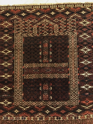 Lovely Turkoman Engsi, finely woven and in notably good condition. All natural dyes with mostly deep brown/aubergene background tones. Size 130 x 109 cm. Priced reasonably.       