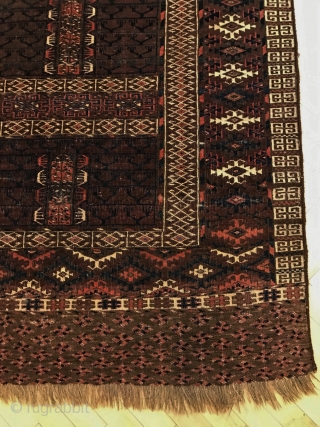 Lovely Turkoman Engsi, finely woven and in notably good condition. All natural dyes with mostly deep brown/aubergene background tones. Size 130 x 109 cm. Priced reasonably.       