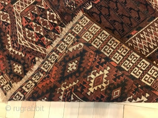 Lovely Turkoman Engsi, finely woven and in notably good condition. All natural dyes with mostly deep brown/aubergene background tones. Size 130 x 109 cm. Priced reasonably.       