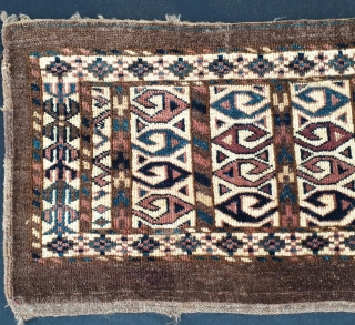 Rare and distinctive Turkmen Chodor torba dated 1877, with wonderful natural dyes and rare design elements, including an ivory field and ram horn trees, Measures 38x92 cm (ca. 15x36 inches). Priced to  ...