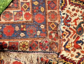 Genuine 19th century Qashqai Khamseh. Lots of chicken. Softest wool and great natural dyes. True tribal rug. In good condition with some old restorations including through some felt pads on the backside  ...