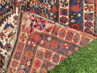 Genuine 19th century Qashqai Khamseh. Lots of chicken. Softest wool and great natural dyes. True tribal rug. In good condition with some old restorations including through some felt pads on the backside  ...