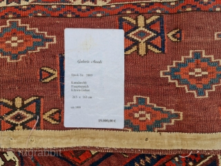 Ex-Azadi Yomud group main carpet. Early 19th century. Size is 265 x 163. Some consistent with age wear and repairs in the field as shown. With original Azadi label on backside (picture  ...