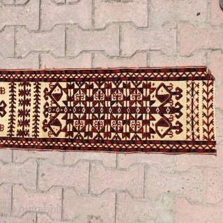 Antique Turkmen Saryk or Tekke Tentband long fragment with silk highlights. Measures 450x34 cm (ca. 13.4x177 inches). Collectable piece in great condition with good age and design elements.     