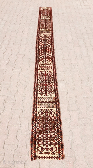 Antique Turkmen Saryk or Tekke Tentband long fragment with silk highlights. Measures 450x34 cm (ca. 13.4x177 inches). Collectable piece in great condition with good age and design elements.     