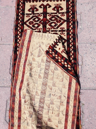 Antique Turkmen Saryk or Tekke Tentband long fragment with silk highlights. Measures 450x34 cm (ca. 13.4x177 inches). Collectable piece in great condition with good age and design elements.     