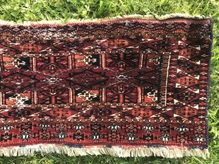 19th century Turkoman Saryk torba. Very finely woven. All natural saturated dyes. Soft like velvet. Cotton whites. Condition issues as shown including moth bites and reduced left side. Attractive kedjebe format, top  ...