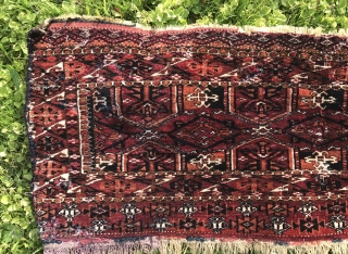 19th century Turkoman Saryk torba. Very finely woven. All natural saturated dyes. Soft like velvet. Cotton whites. Condition issues as shown including moth bites and reduced left side. Attractive kedjebe format, top  ...