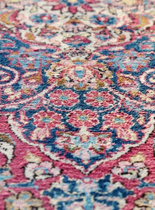 Antique silk woven Kashan rug. Beautiful colors: pomegranate red and royal blue. 199 x 128.                  