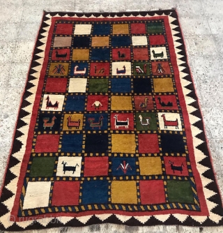 Lori/Qashqai gabbeh,Came in after a good hand washing,Size:225x160 cm,in last image only in 3 square golden or yeloow colores it needs abit repailing          