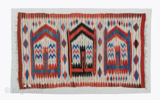 Central Anatolian Karapinar Saph Kilim mounted on linen circa 1800 size 110x190 cm                    