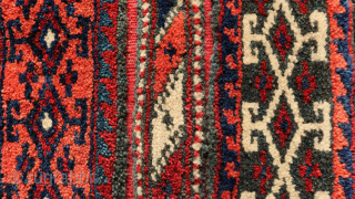 Ca. 1920 68 x 68 cm. Persian Veramin. Alternation of high pile with Kilim. Overall excellent condition, border intact, so sign of wear. Contrasting colours and design.      