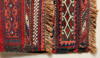 
Ca. 1920 68 x 68 cm. Persian Veramin. Alternation of high pile with Kilim. Overall excellent condition, border intact, so sign of wear. Contrasting colours and design.      