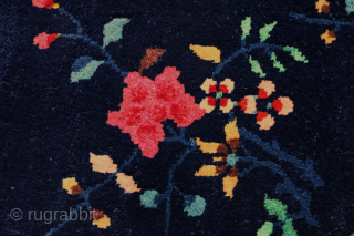 Chinese Nichols workshop
Circa 1920

61 x 119 cm

A collectable antique Chinesse Rug from the Nichols Workshop with great contrasting colours, the field is dark blue that complements so well with the luminous crimson  ...