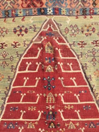 Middle of 19th Anatolian Zile Prayer Kilim with metal threads & charming colors. Size : 160 x 120 cm              