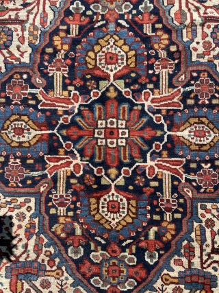 Second half of 19th Century Khamseh rug, natural dyes. It has some old repair places and need some repair. Size : 228 x 155 cm        