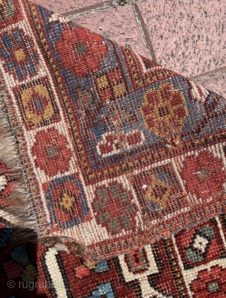 Second half of 19th Century Khamseh rug, natural dyes. It has some old repair places and need some repair. Size : 228 x 155 cm        