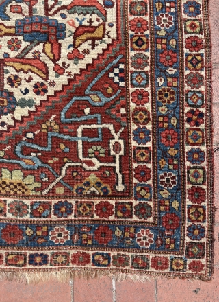 Second half of 19th Century Khamseh rug, natural dyes. It has some old repair places and need some repair. Size : 228 x 155 cm        