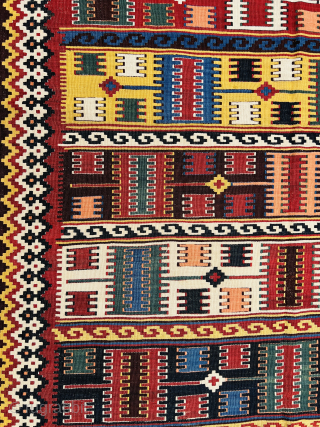 Exceptionally fine Qashqai kilim, woven with a geometric design and featuring a rare harmony of three yellows — golden, lemon, and apricot — alongside richly saturated vegetal dyes in shades of red,  ...
