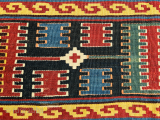Exceptionally fine Qashqai kilim, woven with a geometric design and featuring a rare harmony of three yellows — golden, lemon, and apricot — alongside richly saturated vegetal dyes in shades of red,  ...