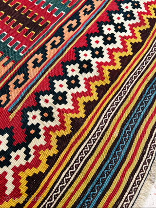 Exceptionally fine Qashqai kilim, woven with a geometric design and featuring a rare harmony of three yellows — golden, lemon, and apricot — alongside richly saturated vegetal dyes in shades of red,  ...