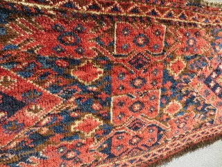 An unusual Ersari torba with what appears to be mirrored totemic figures flanked on either side by schools of fish swimming towards the center. Of course, a stylized floral interpretation is also  ...