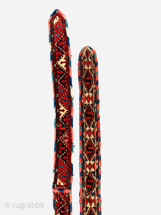 Couple of antique Turkmen piled bands for domestic use. The size of each 100x6 Cm 82x6cm Please Contact this email for more information.
hamidparsacarpet@yahoo.com          