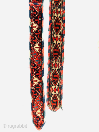 Couple of antique Turkmen piled bands for domestic use. The size of each 100x6 Cm 82x6cm Please Contact this email for more information.
hamidparsacarpet@yahoo.com          