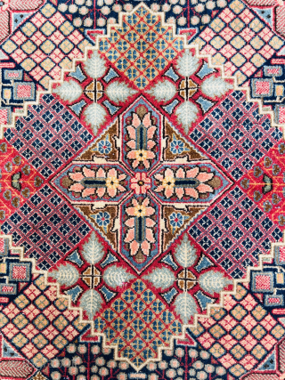 “Antique Kashan rug fragment with extremely fine weaving, made of high-quality kork wool, featuring a design inspired by Qajar-era ceramics. The original outer border of the piece has been lost.”170x92cm Please Contact  ...