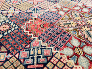 “Antique Kashan rug fragment with extremely fine weaving, made of high-quality kork wool, featuring a design inspired by Qajar-era ceramics. The original outer border of the piece has been lost.”170x92cm Please Contact  ...