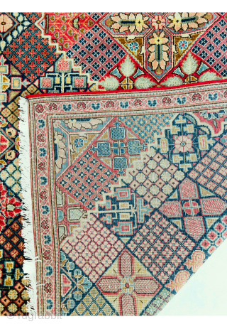“Antique Kashan rug fragment with extremely fine weaving, made of high-quality kork wool, featuring a design inspired by Qajar-era ceramics. The original outer border of the piece has been lost.”170x92cm Please Contact  ...
