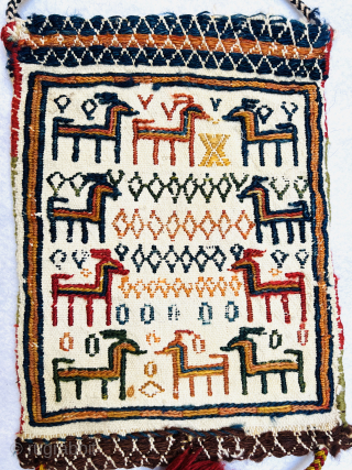 Beautiful Qashqai spoon bag,circa 1890 sumac technique on cotton size 35x25cm  13.8x9.8 inches Please Contact this email for more information.
hamidparsacarpet@yahoo.com
            