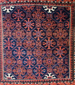 Baluch Masnad (sitting rug) circa 1880, featuring gorgeous shades of blue, white, red, and natural brown wool, oxidized in some areas. Beautiful flatwoven ends (weft floating technique), all wool. One very small  ...
