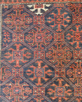 Baluch Masnad (sitting rug) circa 1880, featuring gorgeous shades of blue, white, red, and natural brown wool, oxidized in some areas. Beautiful flatwoven ends (weft floating technique), all wool. One very small  ...