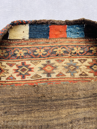 Very unusual Varamin bag circa 1870s with Salor Turkmen Aksu design in the medallion,wool on wool and in very good condition Size 60x52cm          