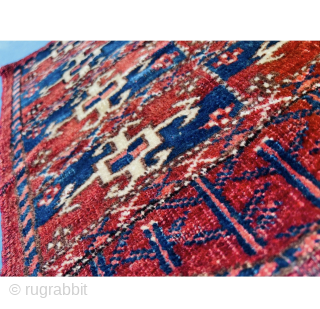 Second of the 19th.c Yumod Turkmen Saddle Cover,Nice strong natural colors and wonderful mid-blue Asymmetric textured open on left,42x43cm perfect condition
Please Contact this email for more information. 
hamidparsacarpet@yahoo.com     