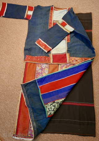 Early 20th c.  Lisu Tribal Woman's Dress and Wrap of an upper-class Lisu lady of Northern Burma(Myanmar); good condition but for a missing rear panel.  Hand-loomed cotton with natural indigo  ...