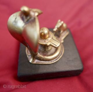 Antique Miniature Brass Shivalingam,  S India;  19th c Shivalingam incorporating the Naga and Nandi bull associated with Shiva.  A little jewel...notice the balance and proportions of the piece.   ...