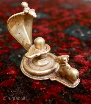 Antique Miniature Brass Shivalingam,  S India;  19th c Shivalingam incorporating the Naga and Nandi bull associated with Shiva.  A little jewel...notice the balance and proportions of the piece.   ...