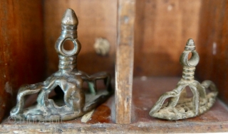 Antique Hindu Sacred Stamps,  used to imprint sacred symbols on the devotee's body..  Handmade of brass and used with such devotion and for such long periods that they've acquired that  ...