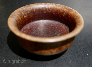 Late 19th c Tibetan tea bowl,  called 'Jha-phor' or 'par-pa,  with accompanying cloth and wicker carrying case.  The wood is exotic and as light as a feather,  and  ...