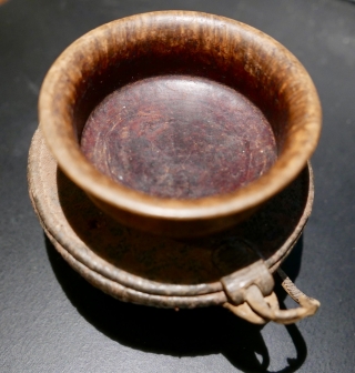 Late 19th c Tibetan tea bowl,  called 'Jha-phor' or 'par-pa,  with accompanying cloth and wicker carrying case.  The wood is exotic and as light as a feather,  and  ...