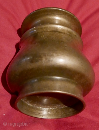 Lovely antique S Indian brass holy water vessel;  excellent condition with a warm patina; 4 3/4"H x 4"W.  Acquired late last century in Pondicherry,  S India.    