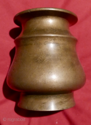 Lovely antique S Indian brass holy water vessel;  excellent condition with a warm patina; 4 3/4"H x 4"W.  Acquired late last century in Pondicherry,  S India.    