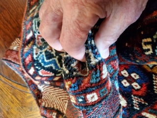 Very fine Qashqai/Khamseh bag face,  circa 1900;  natural dyes but for one hot red;  wonderful condition with slight oxidation of the reddish central medallion;  handspan wool. 33' x  ...