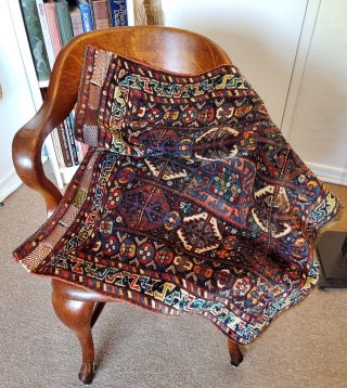 Very fine Qashqai/Khamseh bag face,  circa 1900;  natural dyes but for one hot red;  wonderful condition with slight oxidation of the reddish central medallion;  handspan wool. 33' x  ...