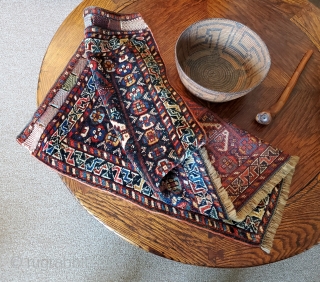 Very fine Qashqai/Khamseh bag face,  circa 1900;  natural dyes but for one hot red;  wonderful condition with slight oxidation of the reddish central medallion;  handspan wool. 33' x  ...